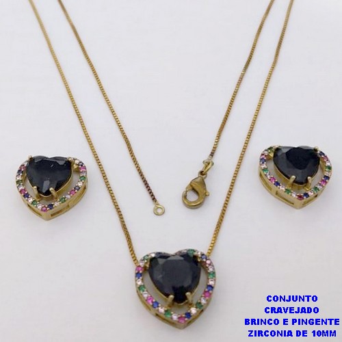 CONJUNTO NO BRUTO PRONTO PARA O BANHO-CONJUNTO COM CORRENTE VENEZIANA DE 45CM - PINGENTE E BRINCO CRAVEJADO EM MICRO ZIRCONIAS - CORAÇÃO DE 10MM )PESO 7.5GR- BRU26844