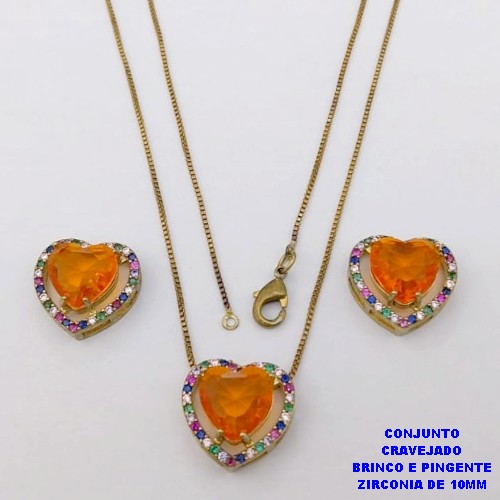 CONJUNTO NO BRUTO PRONTO PARA O BANHO-CONJUNTO COM CORRENTE VENEZIANA DE 45CM - PINGENTE E BRINCO CRAVEJADO EM MICRO ZIRCONIAS - CORAÇÃO DE 10MM )PESO 7.5GR- BRU26846