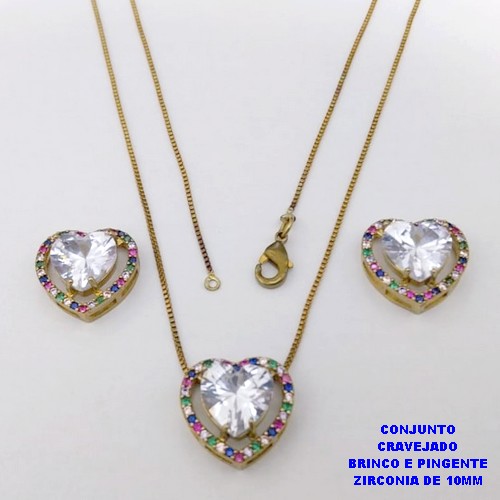 CONJUNTO NO BRUTO PRONTO PARA O BANHO-CONJUNTO COM CORRENTE VENEZIANA DE 45CM - PINGENTE E BRINCO CRAVEJADO EM MICRO ZIRCONIAS - CORAÇÃO DE 10MM )PESO 7.5GR- BRU26848
