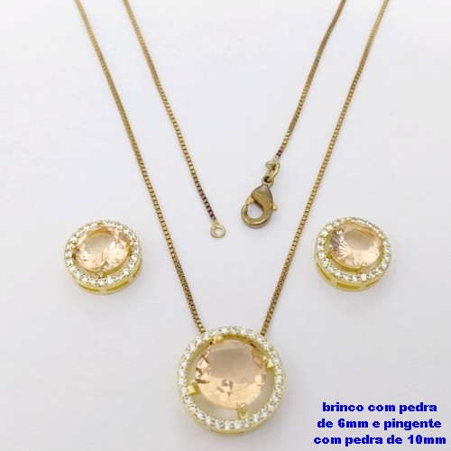 CONJUNTO NO BRUTO PRONTO PARA O BANHO-CONJUNTO COM CORRENTE VENEZIANA DE 45CM - PINGENTE DE10MM E BRINCO DE 6MM CRAVEJADO EM MICRO ZIRCONIAS - PESO 4.9GR- BRU26867