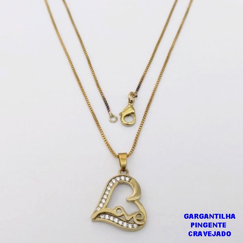GARGANTILHA NO BRUTO PRONTO PARA O BANHO(CX194)GARGANTILHA COM CORRENTE VENEZIANA DE 45CM COM PINGENTE CORAÇÃO CRAVEJADO 20MM (PESO 4,5GR ) BRU26936