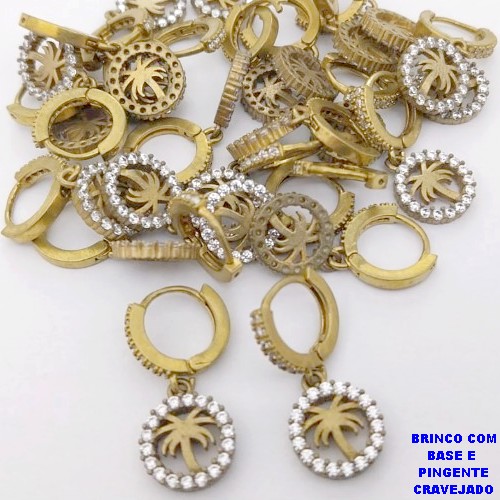BRINCO NO BRUTO PRONTO PARA O BANHO(CX194)- BRINCO COM ARGOLINHA CRAVEJADA DE 12MM E PINGENTE DE 10MM )- PESO TOTAL 2.8GR - BRU26952