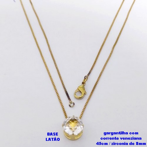 GARGANTILHA NO BRUTO PRONTO PARA O BANHO /COM CORRENTE VENEZIANA DE 45CM COM FECHO LAGOSTA / PINGENTE BASE EM LATÃO COM PEDRA DE ZIRCONIA DE 8MM / PESO 1,7GR - BRU28038