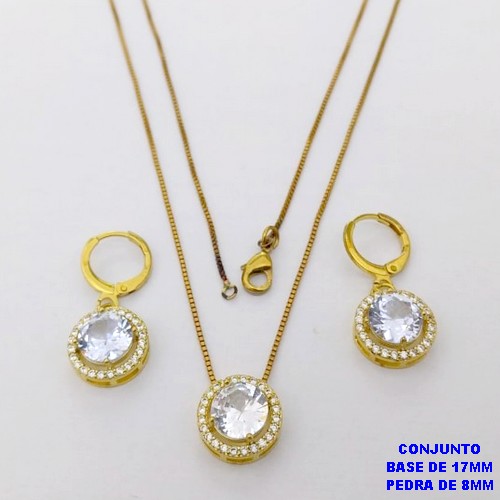 CONJUNTO NO BRUTO PRONTO PARA O BANHO /COM CORRENTE VENEZIANA DE 45CM COM FECHO LAGOSTA BRINCO DE ARGOLINHA DE PRESSÃO/ BASE EM ALTA FUSÃO CREVEJADA / ZIRCONIA DE 8MM / PESO 6.8GR - BRU28047