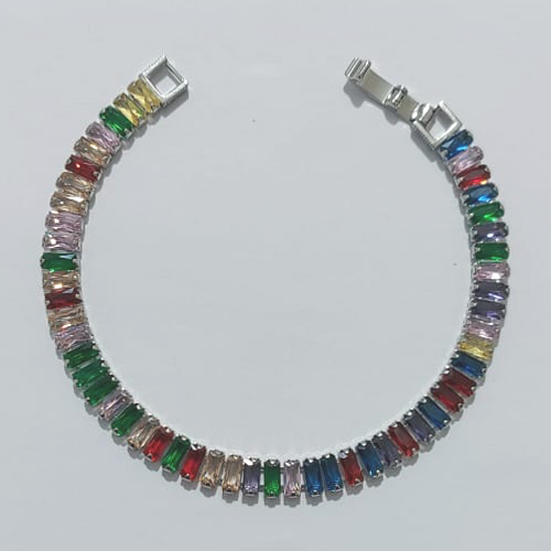 PULSEIRA FOLHEADA A PRATA COM 50 MILÉSIMOS + VERNIZ DIAMOND - PULSEIRA 17CM TODA EM ZIRCÔNIA COLORIDA - PRA1265