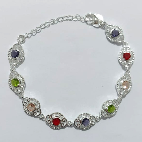 PULSEIRA FOLHEADA A PRATA COM 50 MILÉSIMOS + VERNIZ DIAMOND - PULSEIRA 17CM + EXTENSOR - COM ZIRCÔNIAS COLORIDAS - PRA1266