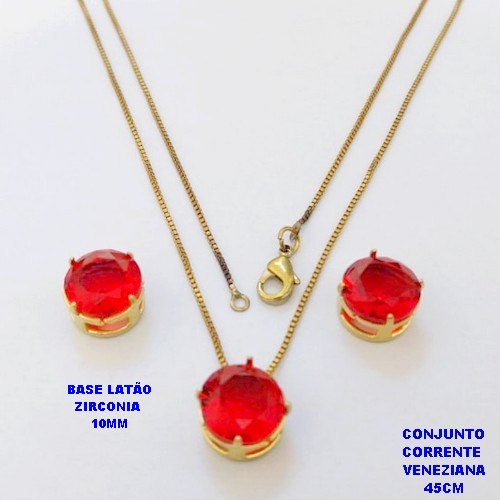 CONJUNTO NO BRUTO PRONTO PARA O BANHO(pote) COM CORRENTE VENEZIANA DE 45CM / PINGENTE E BRINCO COM BASE EM LATÃO E PEDRA ZIRCONIA DE 10X10MM / PESO 4.9GR - BRU28059