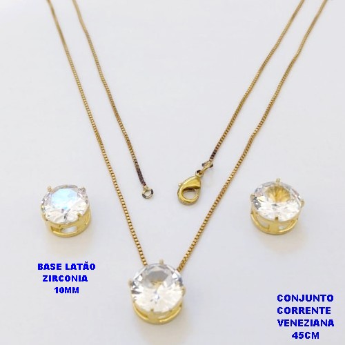 CONJUNTO NO BRUTO PRONTO PARA O BANHO(pote) COM CORRENTE VENEZIANA DE 45CM / PINGENTE E BRINCO COM BASE EM LATÃO E PEDRA ZIRCONIA DE 10X10MM / PESO 4.9GR - BRU28061