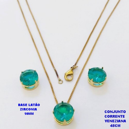 CONJUNTO NO BRUTO PRONTO PARA O BANHO(pote) COM CORRENTE VENEZIANA DE 45CM / PINGENTE E BRINCO COM BASE EM LATÃO E PEDRA ZIRCONIA DE 10MM / PESO 4.9GR - BRU28062