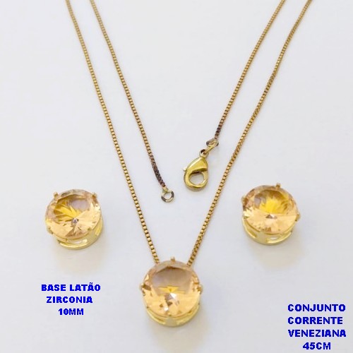 CONJUNTO NO BRUTO PRONTO PARA O BANHO(pote) COM CORRENTE VENEZIANA DE 45CM / PINGENTE E BRINCO COM BASE EM LATÃO E PEDRA ZIRCONIA DE 10MM / PESO 4.9GR - BRU28064