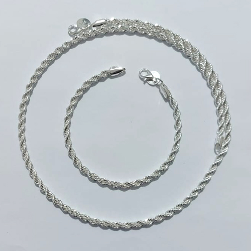 CONJUNTO FOLHEADO A PRATA COM 50 MILÉSIMOS + VERNIZ DIAMOND - CONJUNTO CORDÃO BAIANO 4MM COM PULSEIRA 17CM E CORRENTE 48CM - PRA1273