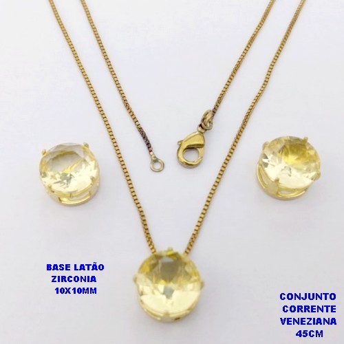 DUPLICADO - CONJUNTO NO BRUTO PRONTO PARA O BANHO(pote) COM CORRENTE VENEZIANA DE 45CM / PINGENTE E BRINCO COM BASE EM LATÃO E PEDRA ZIRCONIA DE 10X10MM / PESO 4.9GR - BRU28077