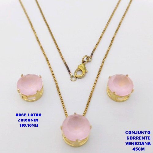 CONJUNTO NO BRUTO PRONTO PARA O BANHO(pote) COM CORRENTE VENEZIANA DE 45CM / PINGENTE E BRINCO COM BASE EM LATÃO E PEDRA ZIRCONIA DE 10X10MM / PESO 4.9GR - BRU28078