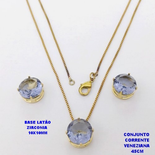 CONJUNTO NO BRUTO PRONTO PARA O BANHO(pote) COM CORRENTE VENEZIANA DE 45CM / PINGENTE E BRINCO COM BASE EM LATÃO E PEDRA ZIRCONIA DE 10X10MM / PESO 4.9GR - BRU28079