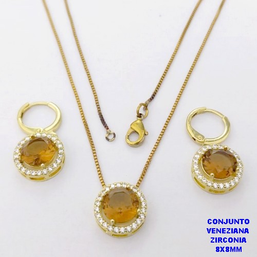 CONJUNTO NO BRUTO PRONTO PARA O BANHO /COM CORRENTE VENEZIANA DE 45CM COM FECHO LAGOSTA BRINCO DE ARGOLINHA DE PRESSÃO/ BASE EM ALTA FUSÃO CREVEJADA / ZIRCONIA DE 8X8MM / PESO 6.8GR - BRU28097