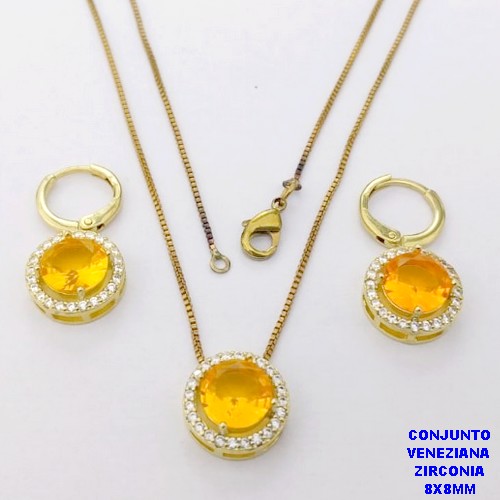 CONJUNTO NO BRUTO PRONTO PARA O BANHO /COM CORRENTE VENEZIANA DE 45CM COM FECHO LAGOSTA BRINCO DE ARGOLINHA DE PRESSÃO/ BASE EM ALTA FUSÃO CREVEJADA / ZIRCONIA DE 8X8MM / PESO 6.8GR - BRU28098