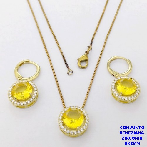 CONJUNTO NO BRUTO PRONTO PARA O BANHO /COM CORRENTE VENEZIANA DE 45CM COM FECHO LAGOSTA BRINCO DE ARGOLINHA DE PRESSÃO/ BASE EM ALTA FUSÃO CREVEJADA / ZIRCONIA DE 8X8MM / PESO 6.8GR - BRU28099