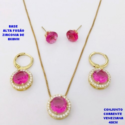 CONJUNTO NO BRUTO PRONTO PARA O BANHO /COM CORRENTE VENEZIANA DE 45CM COM FECHO LAGOSTA / BASE EM ALTA FUSÃO CREVEJADA COM ARGOLINHA DE PRESSÃO ( E BRINCO DE PINO8X8MM) / ZIRCONIA DE 8X8MM / PESO 8.4GR - BRU28106