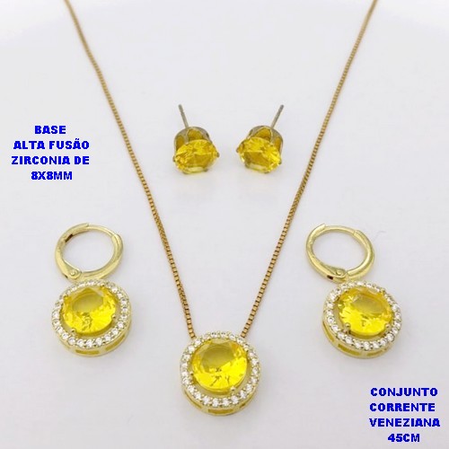 CONJUNTO NO BRUTO PRONTO PARA O BANHO /COM CORRENTE VENEZIANA DE 45CM COM FECHO LAGOSTA / BASE EM ALTA FUSÃO CREVEJADA COM ARGOLINHA DE PRESSÃO ( E BRINCO DE PINO8X8MM) / ZIRCONIA DE 8X8MM / PESO 8.4GR - BRU28107