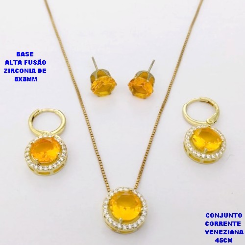 CONJUNTO NO BRUTO PRONTO PARA O BANHO /COM CORRENTE VENEZIANA DE 45CM COM FECHO LAGOSTA / BASE EM ALTA FUSÃO CREVEJADA COM ARGOLINHA DE PRESSÃO ( E BRINCO DE PINO8X8MM) / ZIRCONIA DE 8X8MM / PESO 8.4GR - BRU28108