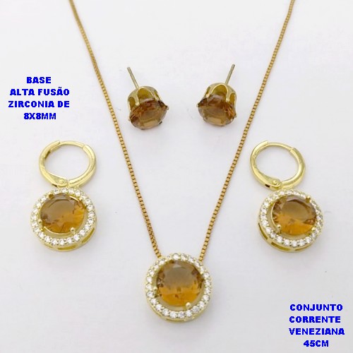 CONJUNTO NO BRUTO PRONTO PARA O BANHO /COM CORRENTE VENEZIANA DE 45CM COM FECHO LAGOSTA / BASE EM ALTA FUSÃO CREVEJADA COM ARGOLINHA DE PRESSÃO ( E BRINCO DE PINO8X8MM) / ZIRCONIA DE 8X8MM / PESO 8.4GR - BRU28109
