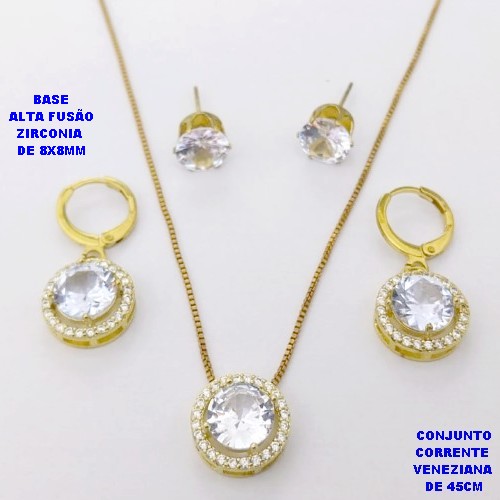 CONJUNTO NO BRUTO PRONTO PARA O BANHO /COM CORRENTE VENEZIANA DE 45CM COM FECHO LAGOSTA / BASE EM ALTA FUSÃO CREVEJADA COM ARGOLINHA DE PRESSÃO ( E BRINCO DE PINO8X8MM) / ZIRCONIA DE 8X8MM / PESO 8.4GR - BRU28110