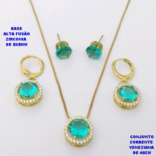 CONJUNTO NO BRUTO PRONTO PARA O BANHO /COM CORRENTE VENEZIANA DE 45CM COM FECHO LAGOSTA / BASE EM ALTA FUSÃO CREVEJADA COM ARGOLINHA DE PRESSÃO ( E BRINCO DE PINO8X8MM) / ZIRCONIA DE 8X8MM / PESO 8.4GR - BRU28111