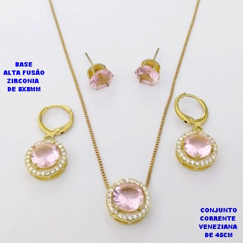 CONJUNTO NO BRUTO PRONTO PARA O BANHO /COM CORRENTE VENEZIANA DE 45CM COM FECHO LAGOSTA / BASE EM ALTA FUSÃO CREVEJADA COM ARGOLINHA DE PRESSÃO ( E BRINCO DE PINO8X8MM) / ZIRCONIA DE 8X8MM / PESO 8.4GR - BRU28112