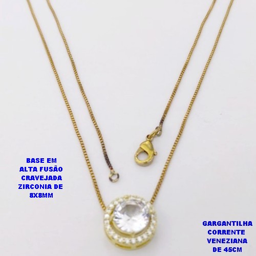 GARGANTILHA NO BRUTO PRONTO PARA O BANHO /COM CORRENTE VENEZIANA DE 45CM COM FECHO LAGOSTA / BASE EM ALTA FUSÃO CREVEJADA / ZIRCONIA DE 8X8MM / PESO 3.1GR - BRU28119