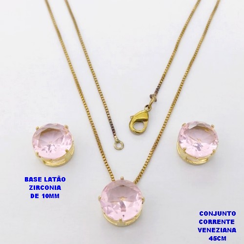 CONJUNTO NO BRUTO PRONTO PARA O BANHO(pote) COM CORRENTE VENEZIANA DE 45CM / PINGENTE E BRINCO COM BASE EM LATÃO E PEDRA ZIRCONIA DE 10X10MM / PESO 4.9GR - BRU28129