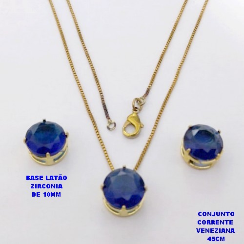 CONJUNTO NO BRUTO PRONTO PARA O BANHO(pote) COM CORRENTE VENEZIANA DE 45CM / PINGENTE E BRINCO COM BASE EM LATÃO E PEDRA ZIRCONIA DE 10X10MM / PESO 4.9GR - BRU28130