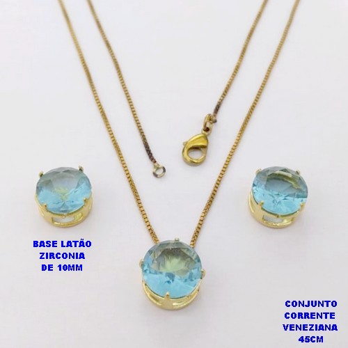 CONJUNTO NO BRUTO PRONTO PARA O BANHO(pote) COM CORRENTE VENEZIANA DE 45CM / PINGENTE E BRINCO COM BASE EM LATÃO E PEDRA ZIRCONIA DE 10X10MM / PESO 4.9GR - BRU28132