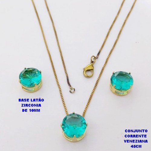 CONJUNTO NO BRUTO PRONTO PARA O BANHO(pote) COM CORRENTE VENEZIANA DE 45CM / PINGENTE E BRINCO COM BASE EM LATÃO E PEDRA ZIRCONIA DE 10X10MM / PESO 4.9GR - BRU28133