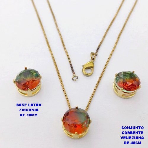CONJUNTO NO BRUTO PRONTO PARA O BANHO(pote) COM CORRENTE VENEZIANA DE 45CM / PINGENTE E BRINCO COM BASE EM LATÃO E PEDRA ZIRCONIA DE 10X10MM / PESO 4.9GR - BRU28134