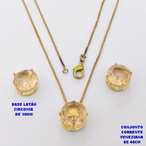 CONJUNTO NO BRUTO PRONTO PARA O BANHO(pote) COM CORRENTE VENEZIANA DE 45CM / PINGENTE E BRINCO COM BASE EM LATÃO E PEDRA ZIRCONIA DE 10X10MM / PESO 4.9GR - BRU28138