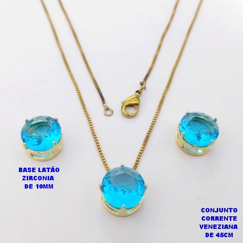 CONJUNTO NO BRUTO PRONTO PARA O BANHO(pote) COM CORRENTE VENEZIANA DE 45CM / PINGENTE E BRINCO COM BASE EM LATÃO E PEDRA ZIRCONIA DE 10X10MM / PESO 4.9GR - BRU28139