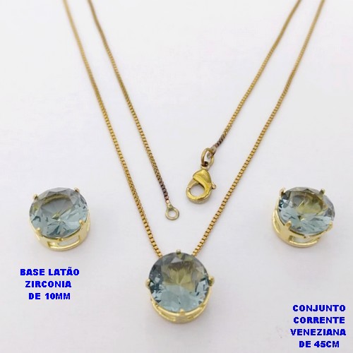 CONJUNTO NO BRUTO PRONTO PARA O BANHO(pote) COM CORRENTE VENEZIANA DE 45CM / PINGENTE E BRINCO COM BASE EM LATÃO E PEDRA ZIRCONIA DE 10X10MM / PESO 4.9GR - BRU28140
