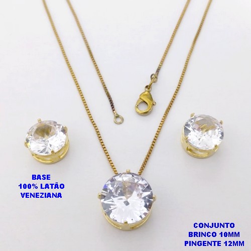 CONJUNTO NO BRUTO PRONTO PARA O BANHO / COM CORRENTE VENEZIANA DE 45CM / PINGENTE DE 12X12MM E BRINCO 10X10MM COM BASE EM LATÃO E PEDRA ZIRCONIA / PESO 5.5GR - BRU28144
