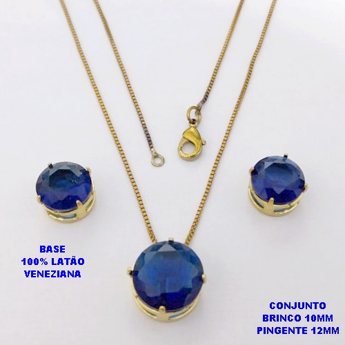 CONJUNTO NO BRUTO PRONTO PARA O BANHO / COM CORRENTE VENEZIANA DE 45CM / PINGENTE DE 12X12MM E BRINCO 10X10MM COM BASE EM LATÃO E PEDRA ZIRCONIA / PESO 5.5GR - BRU28145