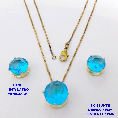 CONJUNTO NO BRUTO PRONTO PARA O BANHO / COM CORRENTE VENEZIANA DE 45CM / PINGENTE DE 12X12MM E BRINCO 10X10MM COM BASE EM LATÃO E PEDRA ZIRCONIA / PESO 5.5GR - BRU28147