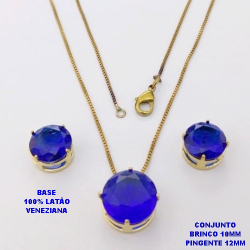 CONJUNTO NO BRUTO PRONTO PARA O BANHO / COM CORRENTE VENEZIANA DE 45CM / PINGENTE DE 12X12MM E BRINCO 10X10MM COM BASE EM LATÃO E PEDRA ZIRCONIA / PESO 5.5GR - BRU28149