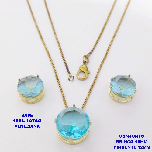 CONJUNTO NO BRUTO PRONTO PARA O BANHO / COM CORRENTE VENEZIANA DE 45CM / PINGENTE DE 12X12MM E BRINCO 10X10MM COM BASE EM LATÃO E PEDRA ZIRCONIA / PESO 5.5GR - BRU28150