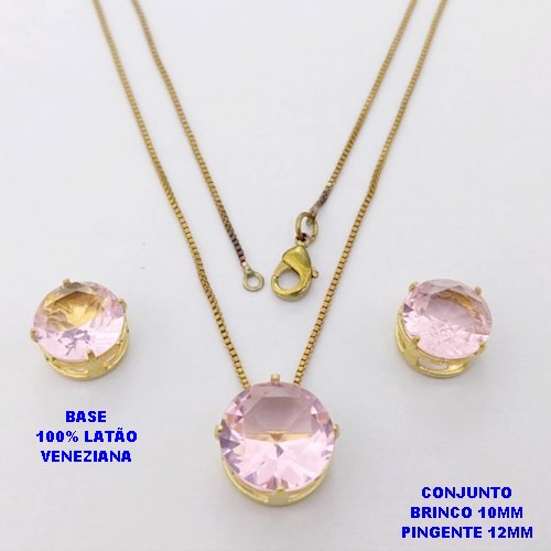 CONJUNTO NO BRUTO PRONTO PARA O BANHO / COM CORRENTE VENEZIANA DE 45CM / PINGENTE DE 12X12MM E BRINCO 10X10MM COM BASE EM LATÃO E PEDRA ZIRCONIA / PESO 5.5GR - BRU28151