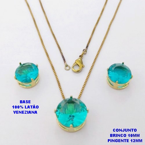 CONJUNTO NO BRUTO PRONTO PARA O BANHO / COM CORRENTE VENEZIANA DE 45CM / PINGENTE DE 12X12MM E BRINCO 10X10MM COM BASE EM LATÃO E PEDRA ZIRCONIA / PESO 5.5GR - BRU28153