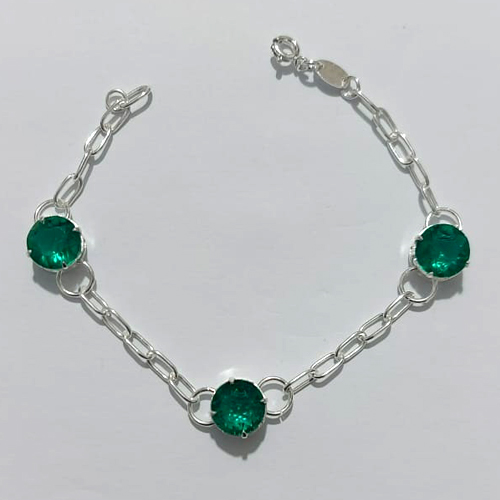 PULSEIRA FOLHEADA A PRATA COM 50 MILÉSIMOS + VERNIZ DIAMOND - PULSEIRA 19CM COM ZIRCÔNIAS VERDES 10MM - PRA1284