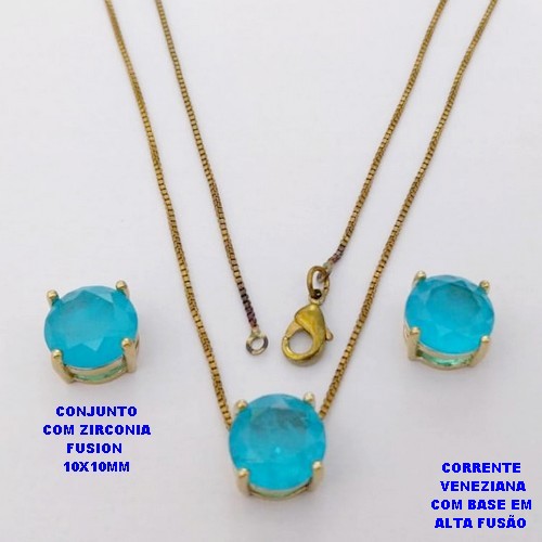 CONJUNTO NO BRUTO PRONTO PARA O BANHO(CX194) CONJUNTO COM CORRENTE VENEZIANA DE 45CM PINGENTE E BRINCO EM ALTA FUSÃO(ZIRCONIA FUSION)" 10X10MM" / PESO 5.8GR - BRU28212