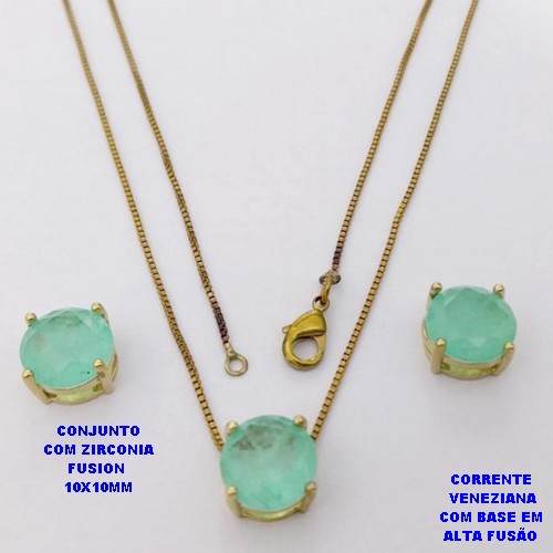 CONJUNTO NO BRUTO PRONTO PARA O BANHO(CX194) CONJUNTO COM CORRENTE VENEZIANA DE 45CM PINGENTE E BRINCO EM ALTA FUSÃO(ZIRCONIA FUSION)" 10X10MM" / PESO 5.8GR - BRU28213