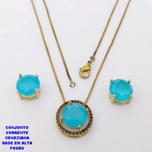 CONJUNTO NO BRUTO PRONTO PARA O BANHO(CX194) CONJUNTO COM CORRENTE VENEZIANA DE 45CM PINGENTE E BRINCO EM ALTA FUSÃO(ZIRCONIA FUSION)" 10X10MM" / PESO 5.8GR - BRU28217