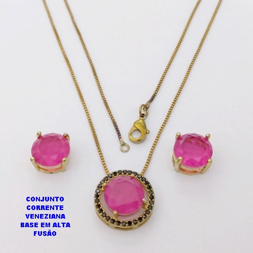 CONJUNTO NO BRUTO PRONTO PARA O BANHO(CX194) CONJUNTO COM CORRENTE VENEZIANA DE 45CM PINGENTE E BRINCO EM ALTA FUSÃO(ZIRCONIA FUSION)" 10X10MM" / PESO 5.8GR - BRU28219