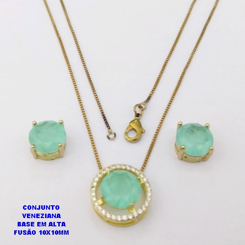CONJUNTO NO BRUTO PRONTO PARA O BANHO(CX194) CONJUNTO COM CORRENTE VENEZIANA DE 45CM PINGENTE E BRINCO EM ALTA FUSÃO(ZIRCONIA FUSION)" 10X10MM" / PESO 5.8GR - BRU28220